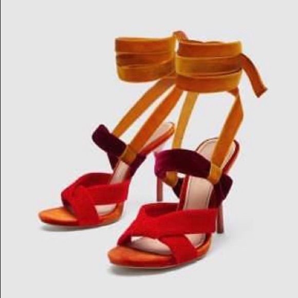 Zara Shoes - Zara Multicolor Velvet Ribbon Wrap Heels